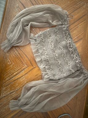 Sheer Taupe Smocked Off-Shoulder Crop Top